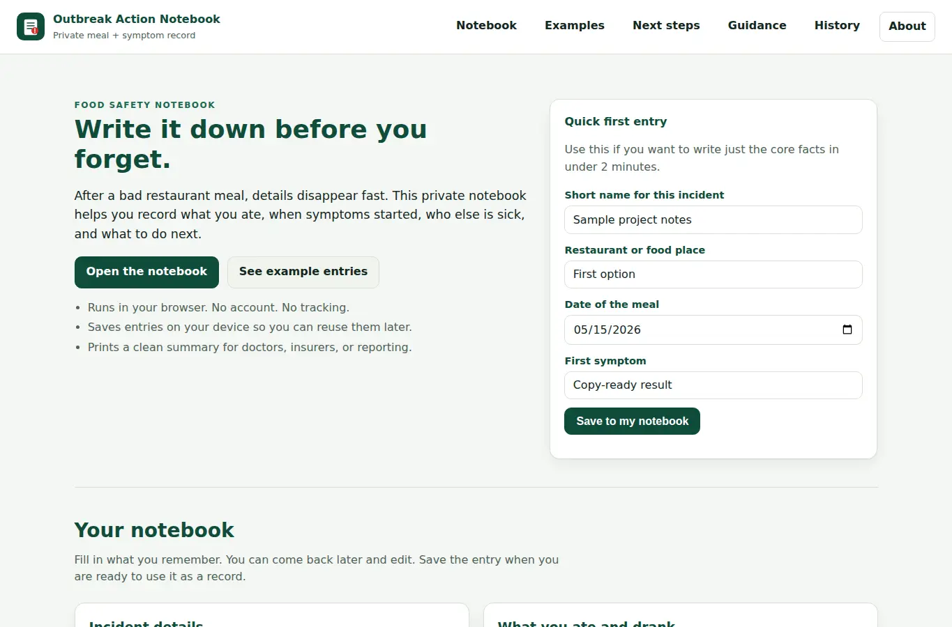 Screenshot of Restaurant Outbreak Action Notebook interface showing the project page in use